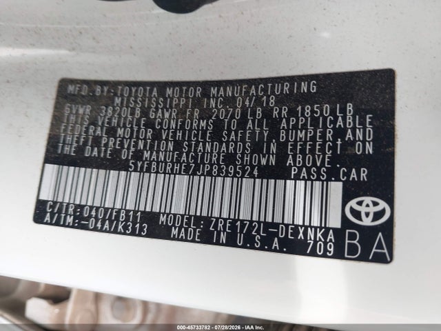 Продажа на аукционе авто 2018 Toyota Corolla Le, vin: 5YFBURHE7JP839524, номер лота: 45733782