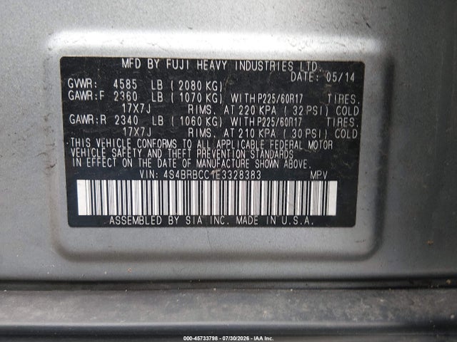Auction sale of the 2014 Subaru Outback 2.5i Premium, vin: 4S4BRBCC1E3328383, lot number: 45733798