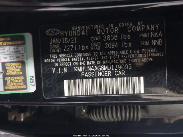 45733804 :رقم المزاد ، KMHLN4AG8MU139093 vin ، 2021 Hyundai Elantra Sel مزاد بيع