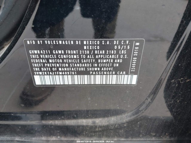 Aukcja sprzedaży 2015 Volkswagen Jetta 2.0l S, vin: 3VW2K7AJ1FM409761, numer aukcji: 45733819