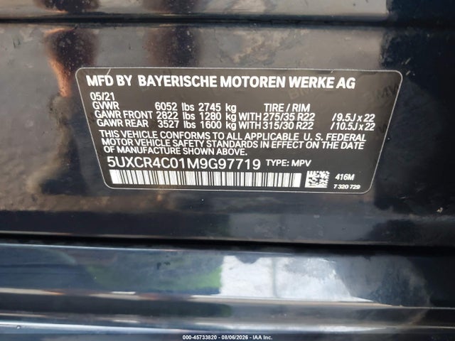 45733820 :رقم المزاد ، 5UXCR4C01M9G97719 vin ، 2021 Bmw X5 Sdrive40i مزاد بيع