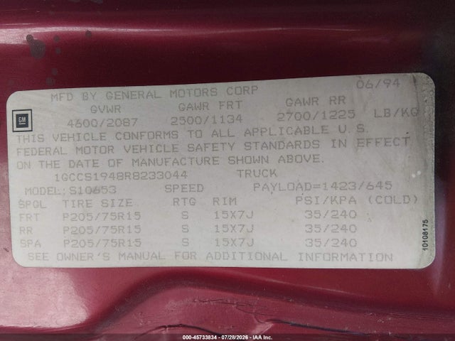 1994 Chevrolet S Truck S10 მანქანა იყიდება აუქციონზე, vin: 1GCCS1948R8233044, აუქციონის ნომერი: 45733834