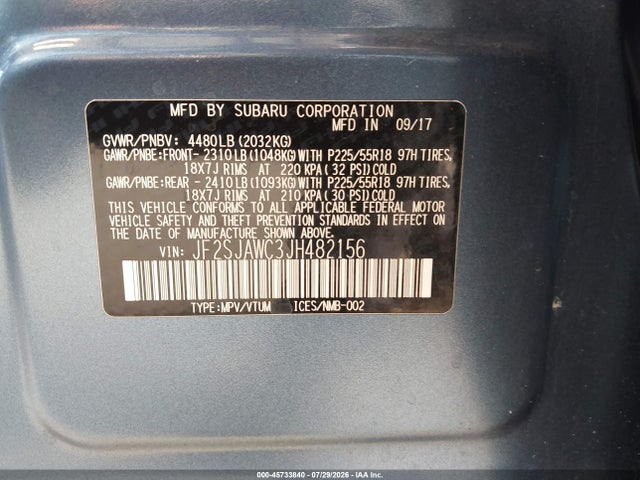 45733840 :رقم المزاد ، JF2SJAWC3JH482156 vin ، 2018 Subaru Forester 2.5i Touring مزاد بيع