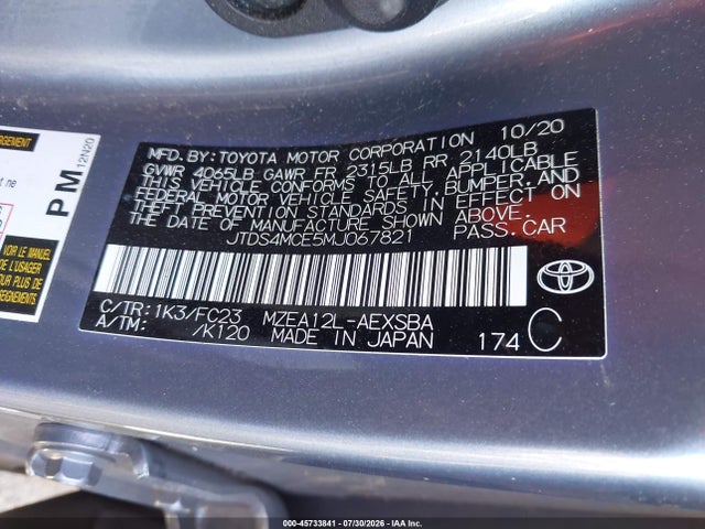 JTDS4MCE5MJ067821 Toyota COROLLA SE