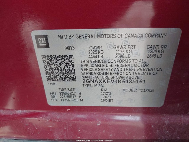 Продажа на аукционе авто 2019 Chevrolet Equinox Lt, vin: 2GNAXKEV4K6135161, номер лота: 45733848