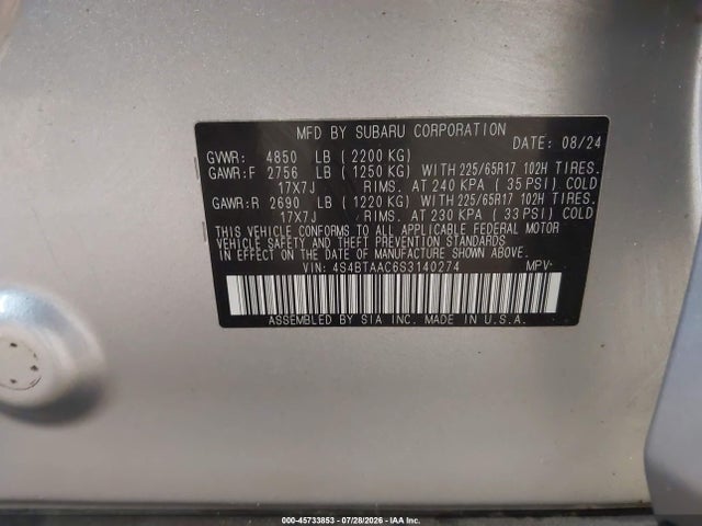 Продаж на аукціоні авто 2025 Subaru Outback, vin: 4S4BTAAC6S3140274, номер лоту: 45733853