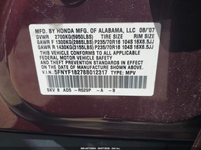 2008 Honda Pilot Vp მანქანა იყიდება აუქციონზე, vin: 5FNYF18278B012317, აუქციონის ნომერი: 45733854