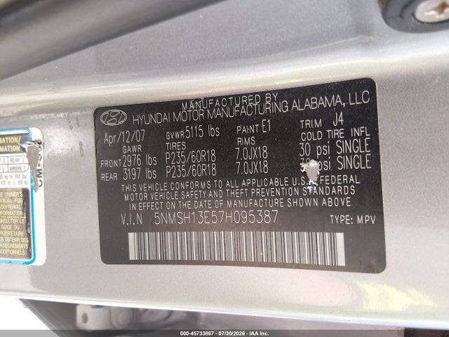 Продажа на аукционе авто 2007 Hyundai Santa Fe Limited/se, vin: 5NMSH13E57H095387, номер лота: 45733867