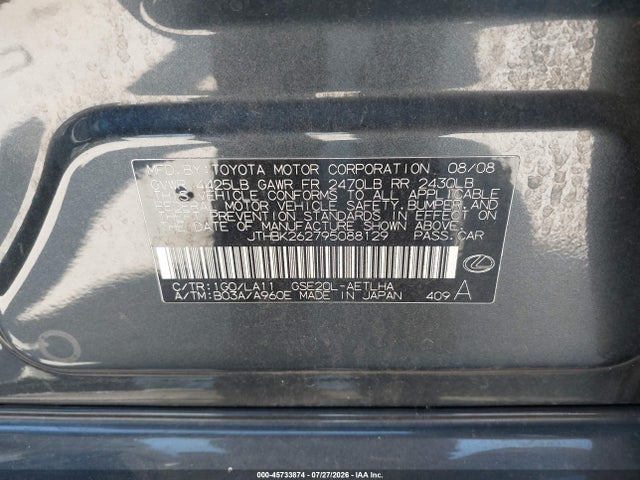 45733874 :رقم المزاد ، JTHBK262795088129 vin ، 2009 Lexus Is 250 مزاد بيع