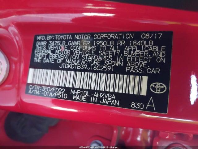 2018 Toyota Prius C One მანქანა იყიდება აუქციონზე, vin: JTDKDTB39J1602591, აუქციონის ნომერი: 45733880