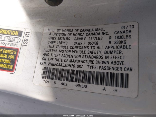 Aukcja sprzedaży 2013 Honda Civic Si, vin: 2HGFG4A5XDH701087, numer aukcji: 45733899