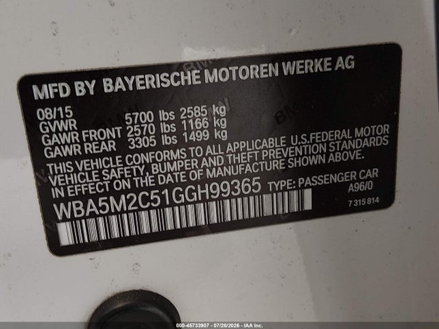 Aukcja sprzedaży 2016 Bmw 535i Gran Turismo, vin: WBA5M2C51GGH99365, numer aukcji: 45733907