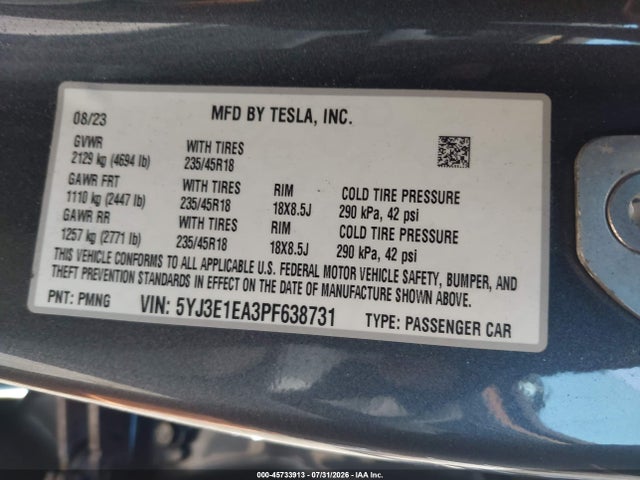 2023 Tesla Model 3 Rear-wheel Drive მანქანა იყიდება აუქციონზე, vin: 5YJ3E1EA3PF638731, აუქციონის ნომერი: 45733913