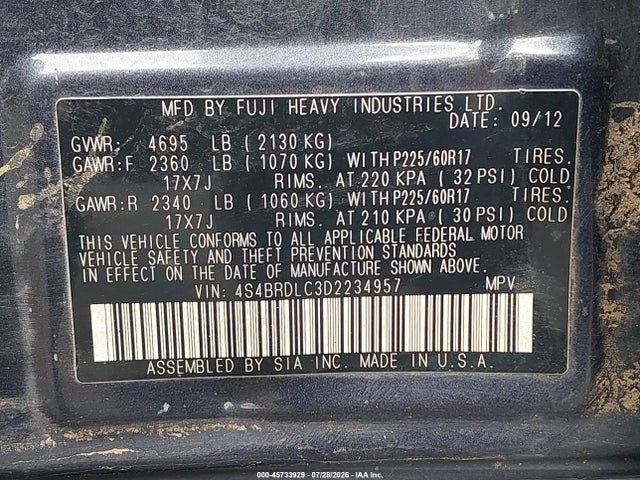 2013 Subaru Outback 3.6r Limited მანქანა იყიდება აუქციონზე, vin: 4S4BRDLC3D2234957, აუქციონის ნომერი: 45733929