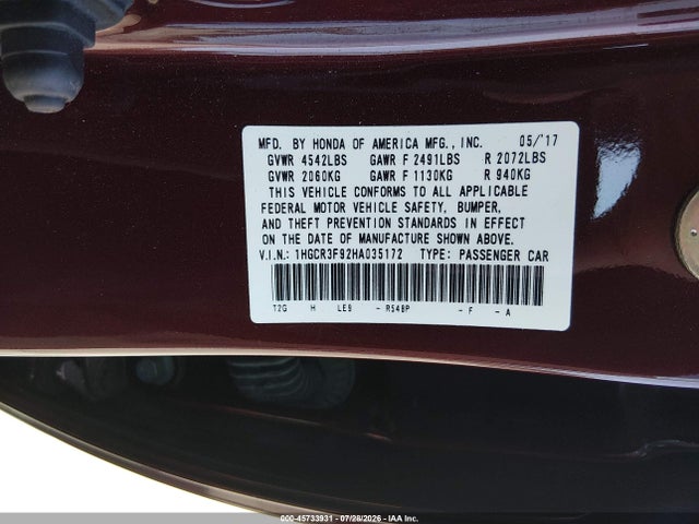 1HGCR3F92HA035172 Honda Accord Touring V6