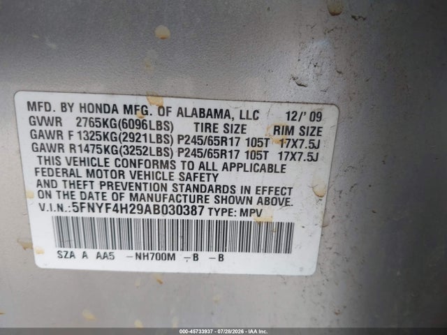Aukcja sprzedaży 2010 Honda Pilot Lx, vin: 5FNYF4H29AB030387, numer aukcji: 45733937