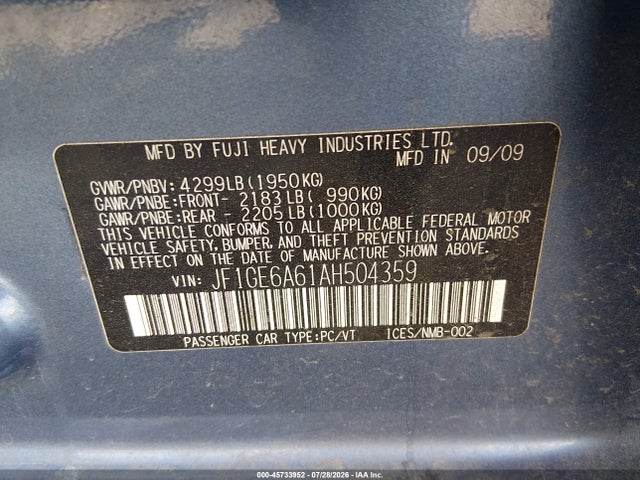 2010 Subaru Impreza 2.5i მანქანა იყიდება აუქციონზე, vin: JF1GE6A61AH504359, აუქციონის ნომერი: 45733952