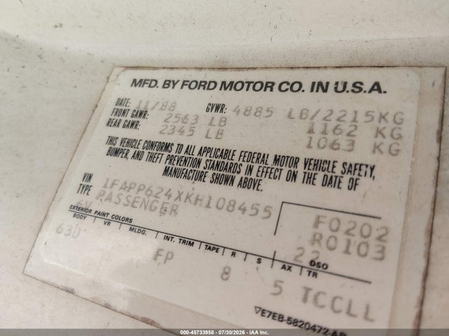 45733958 :رقم المزاد ، 1FAPP624XKH108455 vin ، 1989 Ford Thunderbird Lx مزاد بيع