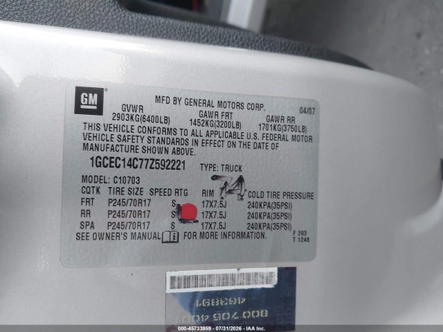 Aukcja sprzedaży 2007 Chevrolet Silverado 1500 Lt1, vin: 1GCEC14C77Z592221, numer aukcji: 45733959