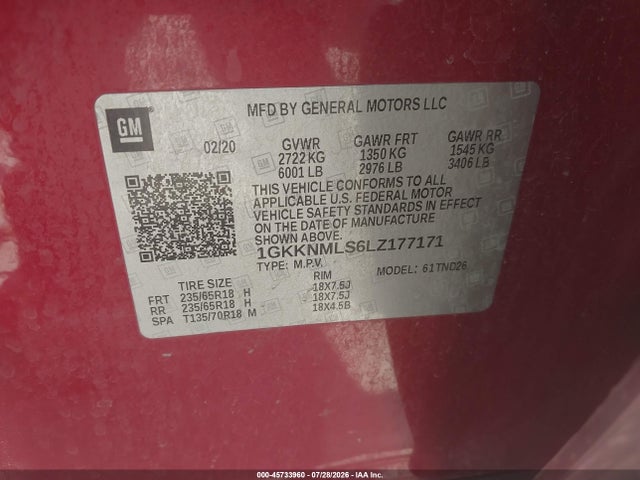 Продаж на аукціоні авто 2020 Gmc Acadia Fwd Slt, vin: 1GKKNMLS6LZ177171, номер лоту: 45733960