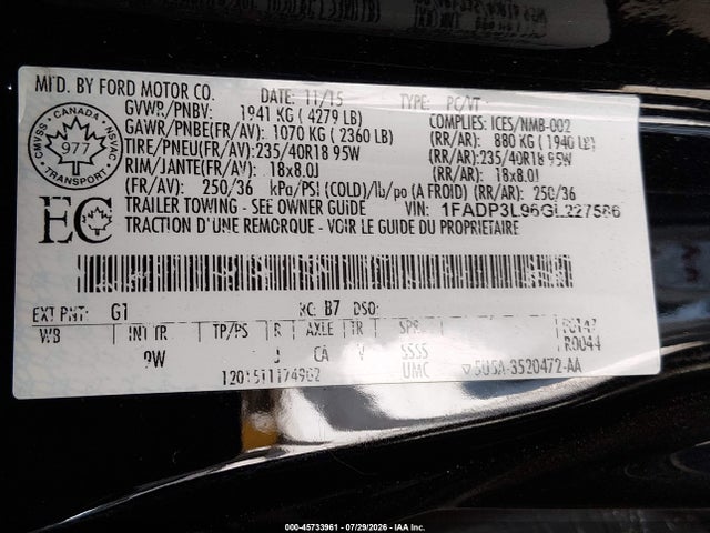 45733961 :رقم المزاد ، 1FADP3L96GL227586 vin ، 2016 Ford Focus St مزاد بيع