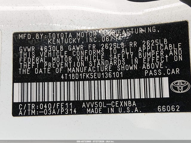 4T1BD1FK5EU136101 Toyota Camry Hybrid Le