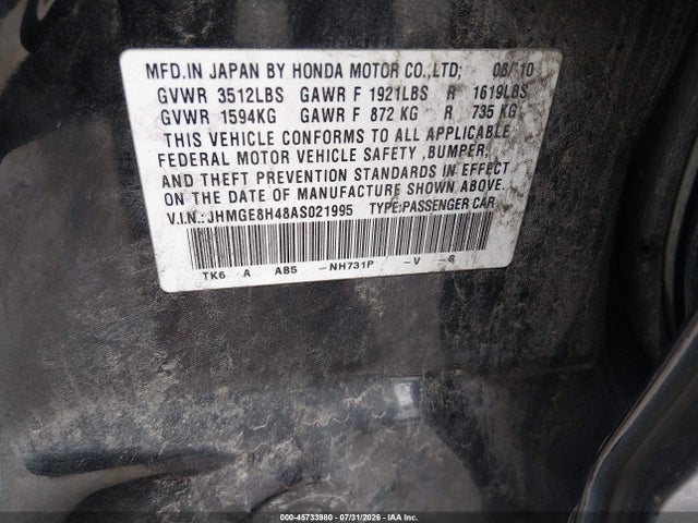 Aukcja sprzedaży 2010 Honda Fit Sport, vin: JHMGE8H48AS021995, numer aukcji: 45733980
