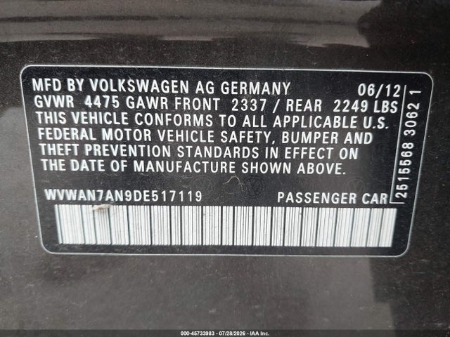 Продажа на аукционе авто 2013 Volkswagen Cc 2.0t Sport, vin: WVWAN7AN9DE517119, номер лота: 45733983