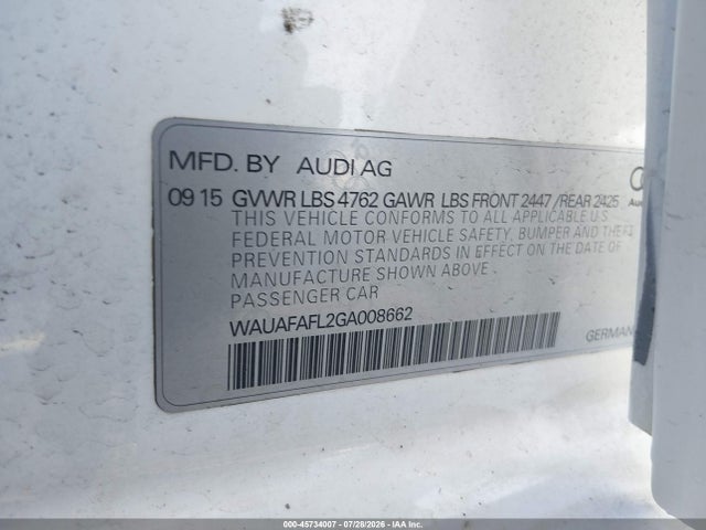 2016 Audi A4 Premium მანქანა იყიდება აუქციონზე, vin: WAUAFAFL2GA008662, აუქციონის ნომერი: 45734007