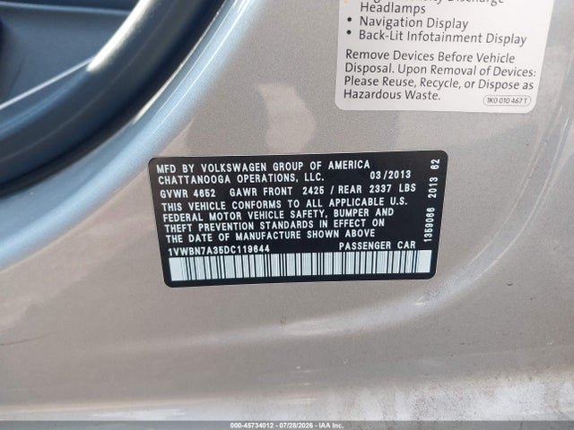 Aukcja sprzedaży 2013 Volkswagen Passat 2.0l Tdi Se, vin: 1VWBN7A35DC119644, numer aukcji: 45734012