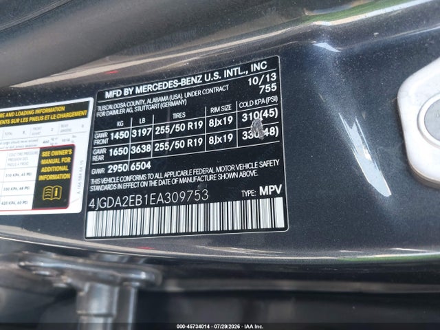 Aukcja sprzedaży 2014 Mercedes-benz Ml 350 Bluetec 4matic, vin: 4JGDA2EB1EA309753, numer aukcji: 45734014