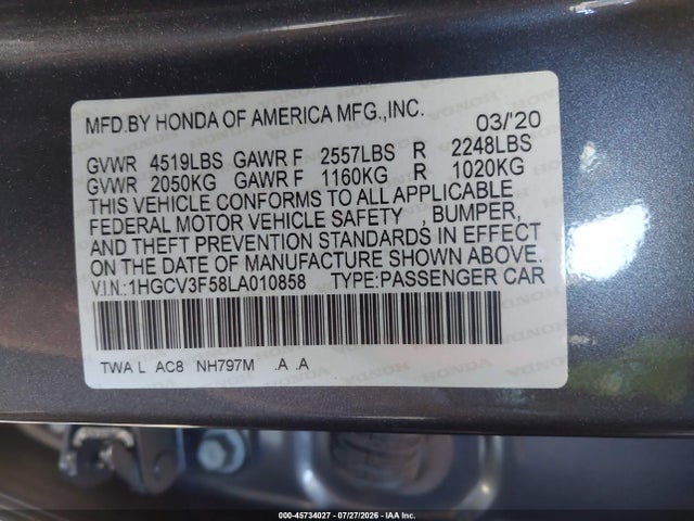 1HGCV3F58LA010858 Honda Accord Hybrid Ex-l