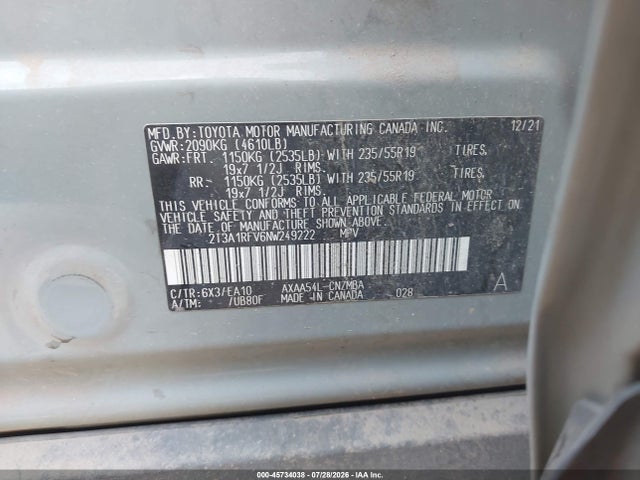 2T3A1RFV6NW249222 Toyota Rav4 Xle Premium