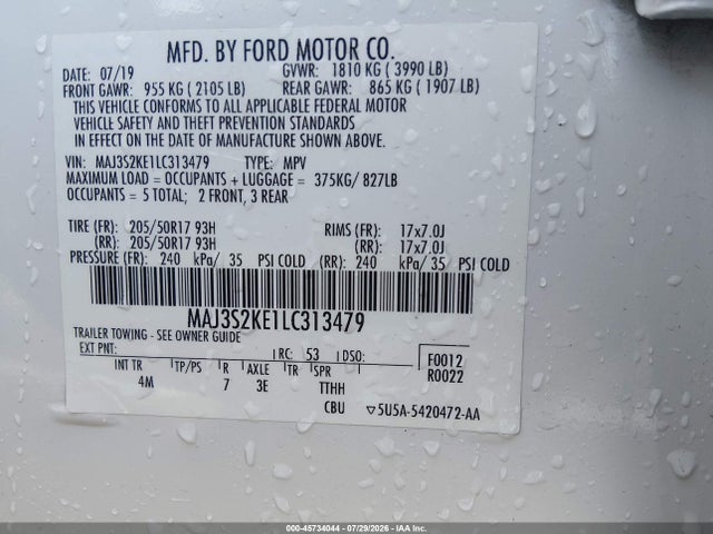Aukcja sprzedaży 2020 Ford Ecosport Titanium, vin: MAJ3S2KE1LC313479, numer aukcji: 45734044