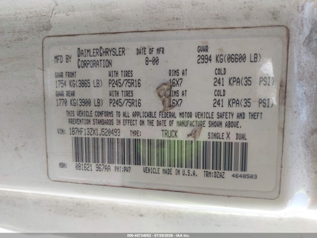 Aukcja sprzedaży 2001 Dodge Ram 1500 St, vin: 1B7HF13ZX1J520493, numer aukcji: 45734052