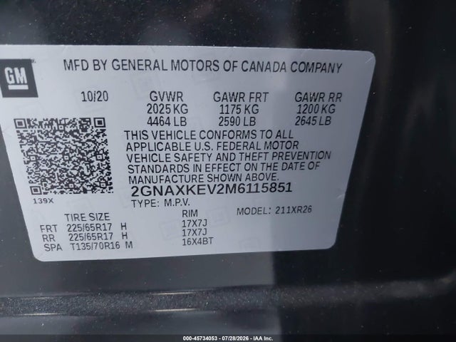 45734053 :رقم المزاد ، 2GNAXKEV2M6115851 vin ، 2021 Chevrolet Equinox Fwd Lt مزاد بيع