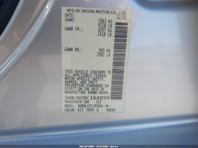 Nissan Altima 2.5 Sl 2019 1N4BL4EV3KC164099 Image 9