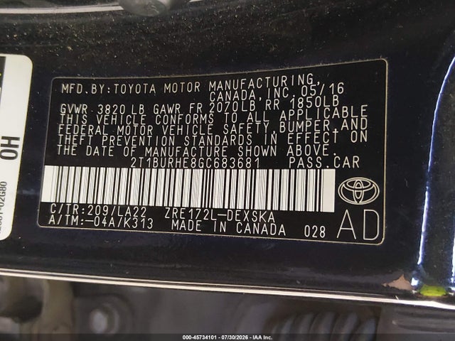Продажа на аукционе авто 2016 Toyota Corolla S Premium, vin: 2T1BURHE8GC683681, номер лота: 45734101