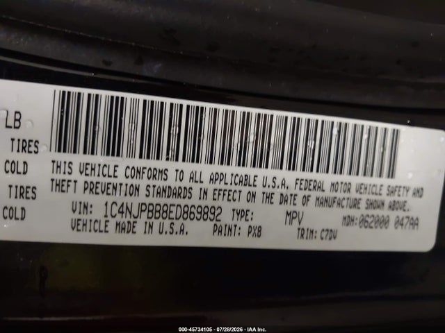 45734105 :رقم المزاد ، 1C4NJPBB8ED869892 vin ، 2014 Jeep Patriot Sport مزاد بيع