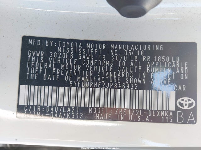 Toyota Corolla Xle 2018 5YFBURHE2JP846932 Image 9