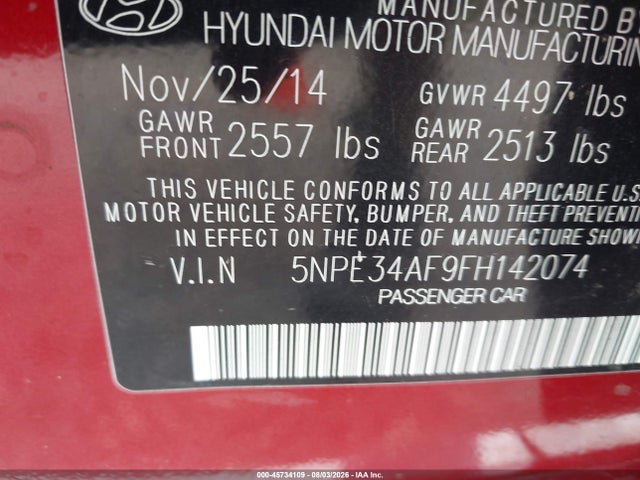 45734109 :رقم المزاد ، 5NPE34AF9FH142074 vin ، 2015 Hyundai Sonata Sport مزاد بيع