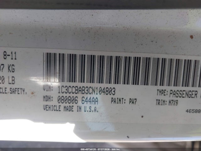 45734125 :رقم المزاد ، 1C3CCBAB3CN104803 vin ، 2012 Chrysler 200 Lx مزاد بيع