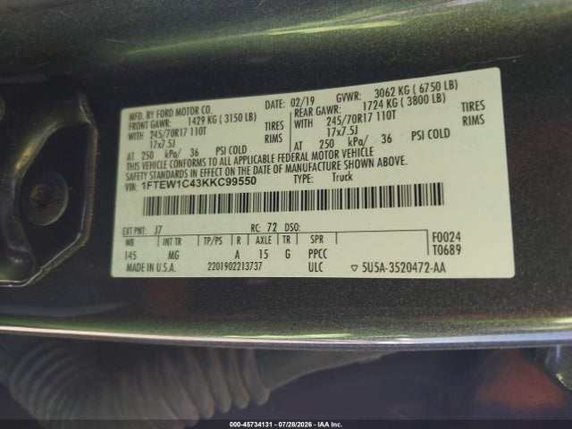 2019 Ford F-150 Xlt მანქანა იყიდება აუქციონზე, vin: 1FTEW1C43KKC99550, აუქციონის ნომერი: 45734131
