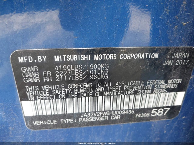 Aukcja sprzedaży 2017 Mitsubishi Lancer Es, vin: JA32V2FW6HU009435, numer aukcji: 45734156