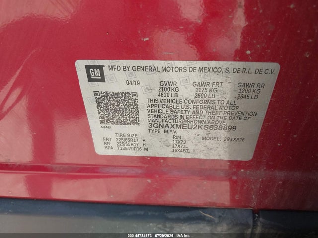 45734173 :رقم المزاد ، 3GNAXMEU2KS638899 vin ، 2019 Chevrolet Equinox Lt مزاد بيع