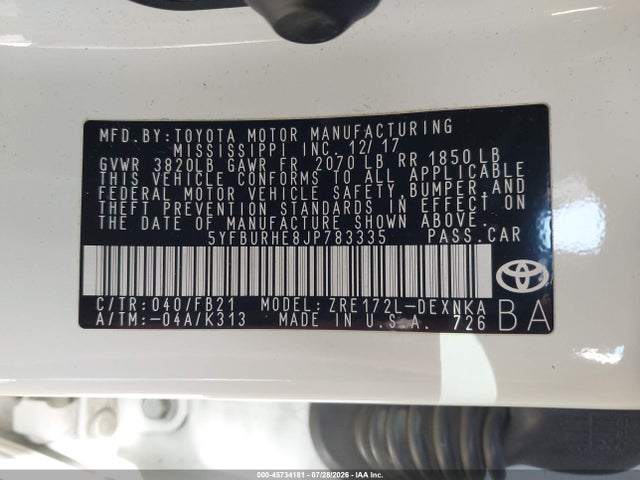 5YFBURHE8JP783335 Toyota COROLLA LE