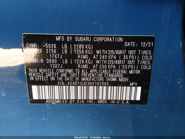 Aukcja sprzedaży 2022 Subaru Outback Wilderness, vin: 4S4BTGUD3N3182980, numer aukcji: 45734187