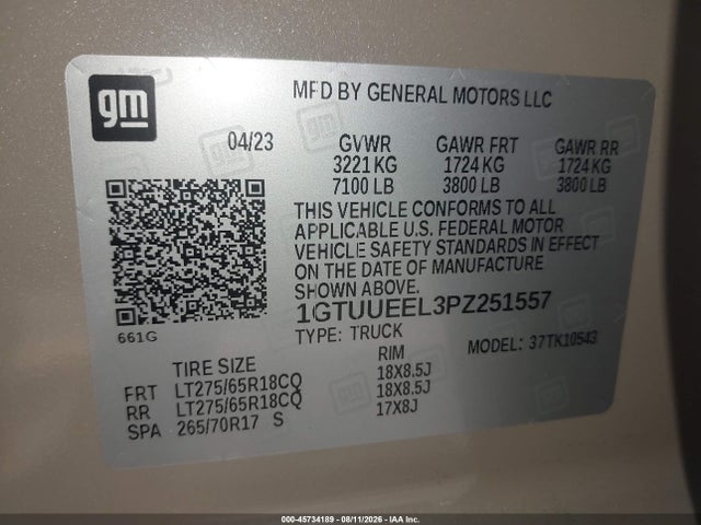Продаж на аукціоні авто 2023 Gmc Sierra 1500 4wd  Short Box At4, vin: 1GTUUEEL3PZ251557, номер лоту: 45734189