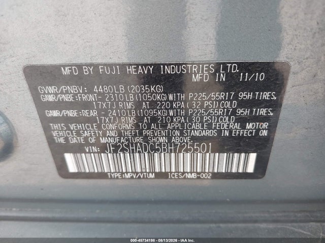 Aukcja sprzedaży 2011 Subaru Forester 2.5x Premium, vin: JF2SHADC5BH725501, numer aukcji: 45734198