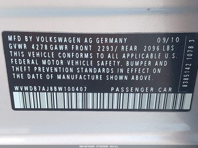 45734209 :رقم المزاد ، WVWDB7AJ8BW100407 vin ، 2011 Volkswagen Golf 2.5l 4-door مزاد بيع
